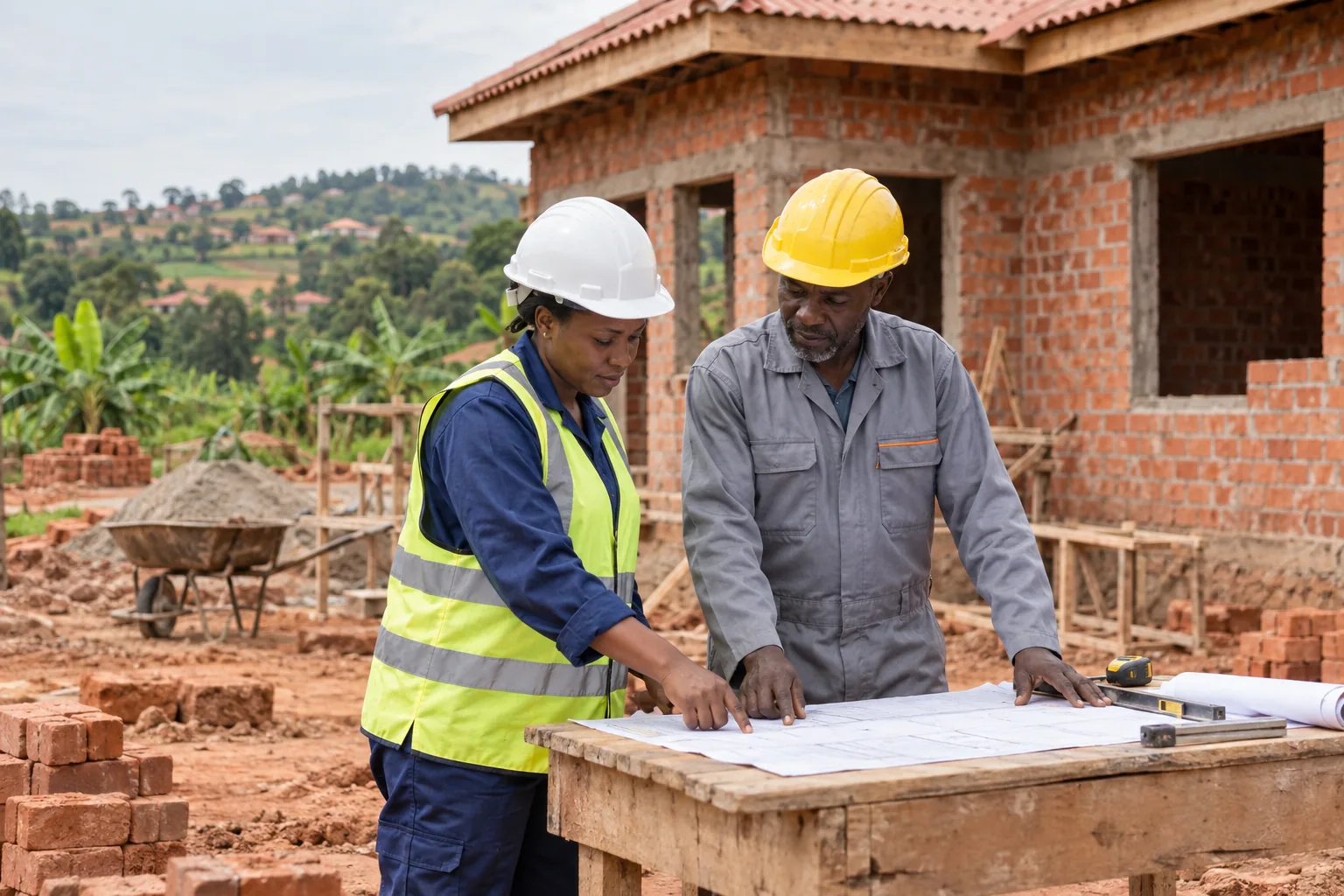 Property professionals reviewing plans at a construction site