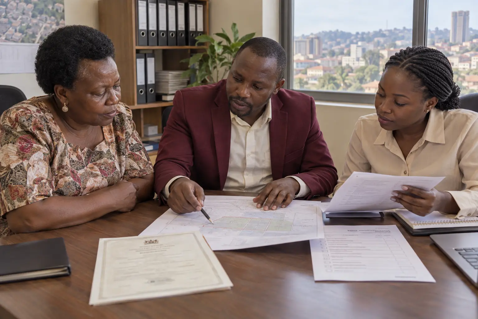 Property professionals and a client reviewing land documents
