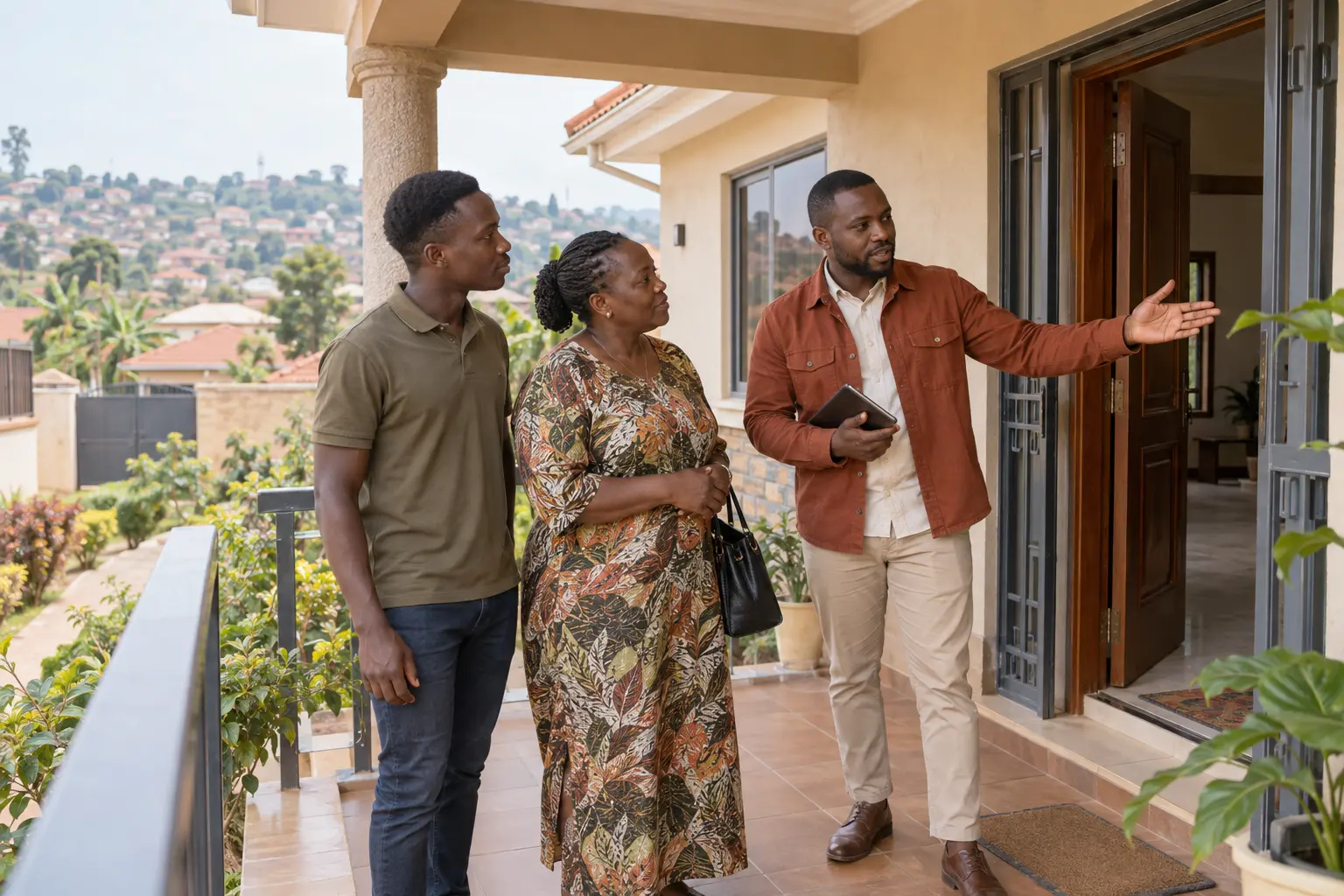 Property adviser guiding clients through a residential viewing